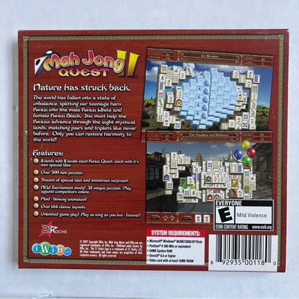 Mah Jong II Quest Games PC Games CD ROM E ESRB iWin Games